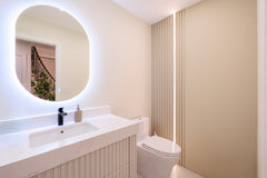 Richvaugh Milk White slat wall panels (35% pvc), grooved wood panels for modern bathroom wall panels in Toronto, ON.