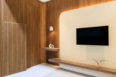 Wood brown and silver flexible slat wall panels for curved interior walls in Canada
