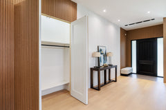 Richvaugh Oak fluted wall panels (35% pvc), professional interior wall cladding for home office design in Richmond Hill, ON.