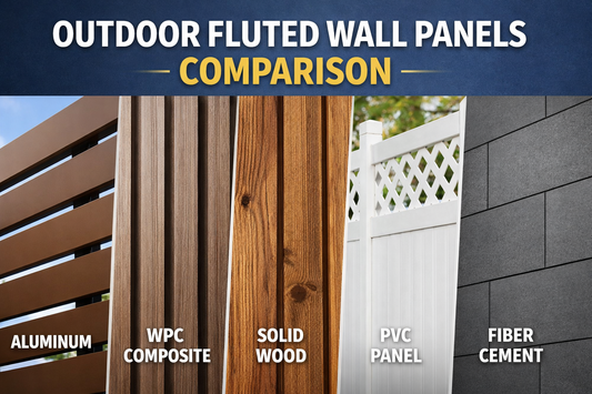 Comparison chart of outdoor fluted wall panel materials: Aluminum, WPC Composite, Solid Wood, PVC, and Fiber Cement by Richvaugh.