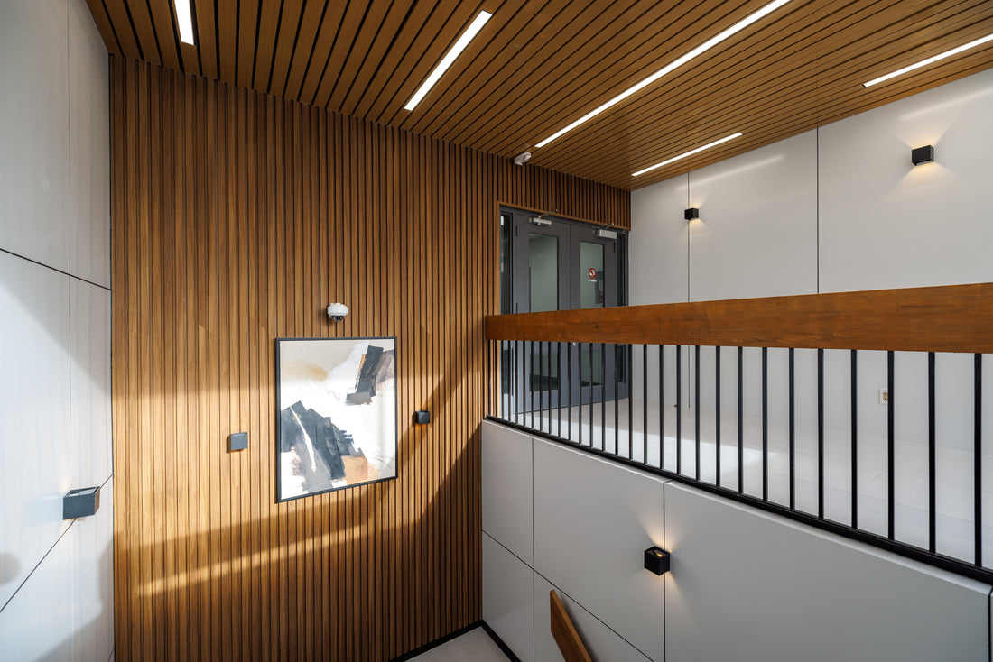 Office Corridor Wall Panels Canada: Wood Slat Walls and Ceiling Design