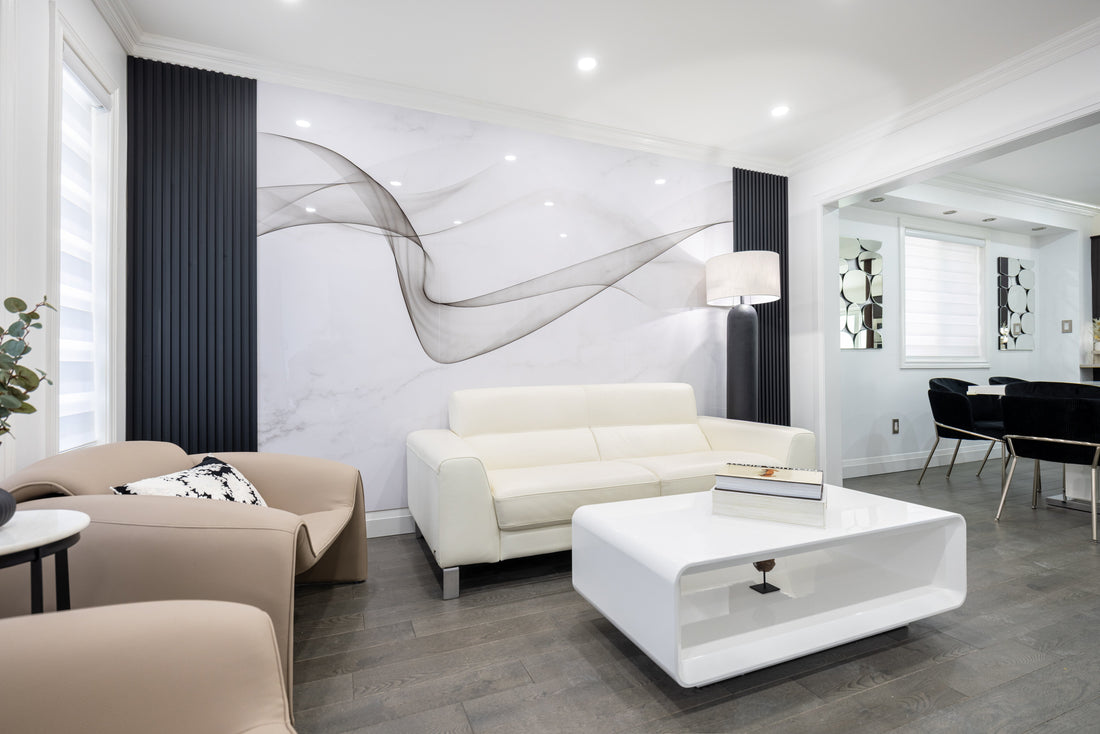 This living room feature wall combines Marble Wall Panel 6 Silk Flow with Matte Black Slat Wall Panels for a clean modern look. A better decorative wall solution than many cheap PVC marble sheet options on the market.