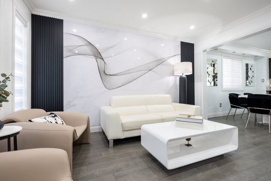 This living room feature wall combines Marble Wall Panel 6 Silk Flow with Matte Black Slat Wall Panels for a clean modern look. A better decorative wall solution than many cheap PVC marble sheet options on the market.