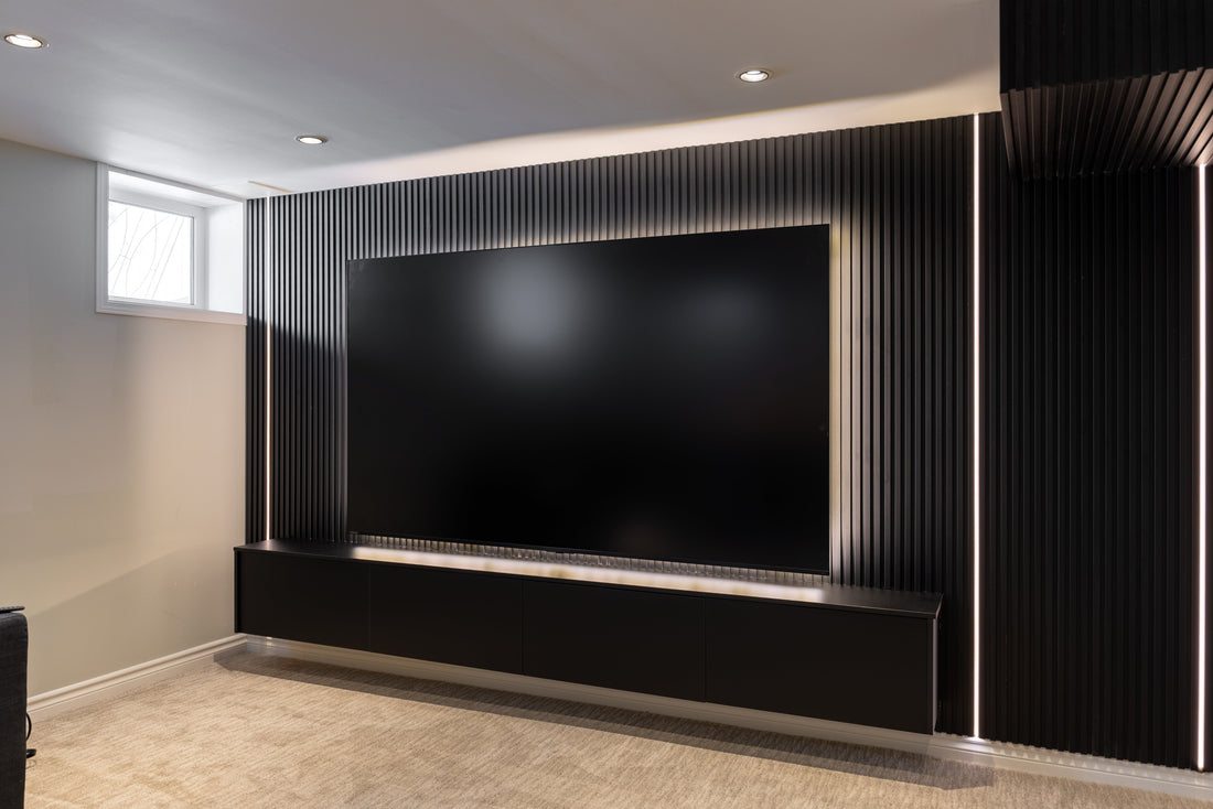 Matte black slat wall TV feature wall in Vaughan