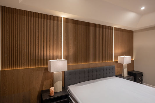 Bedroom accent wall with oak slat wall panels