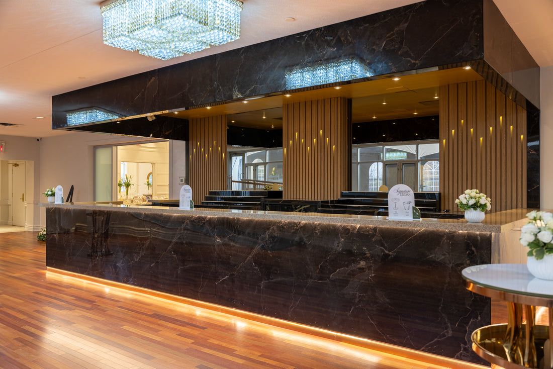 Luxury Banquet Hall Bar Design in Vaughan | Oak Slat Wall Panels Toronto