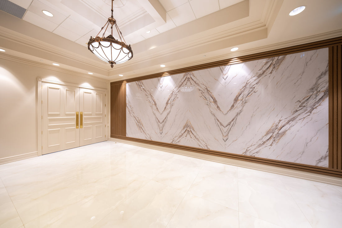 Luxury banquet hall marble feature wall with oak slat wall panels in Vaughan
