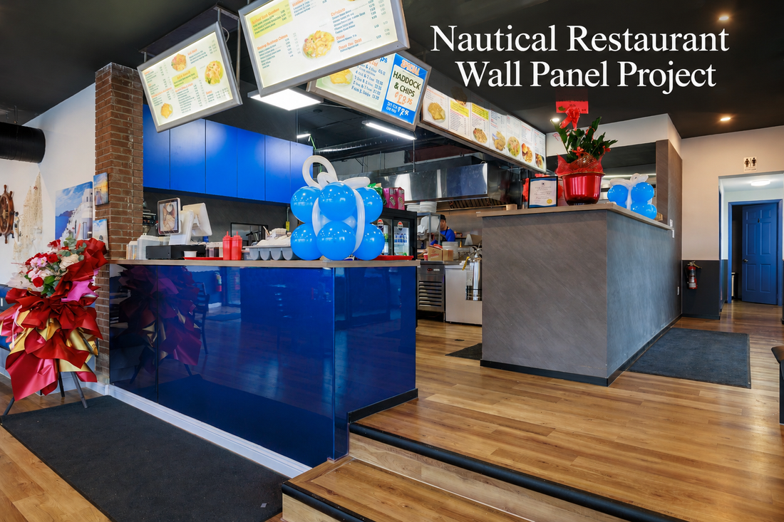 Nautical restaurant wall panel project featuring Bulk Gray and Metal Blue bar counter cladding with Matte Gray wainscoting