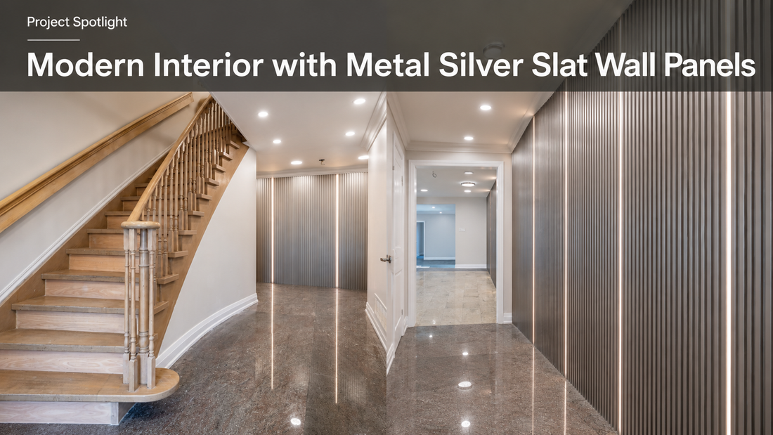 Modern interior featuring RichVaugh Metal Silver slat wall panels with integrated LED lighting
