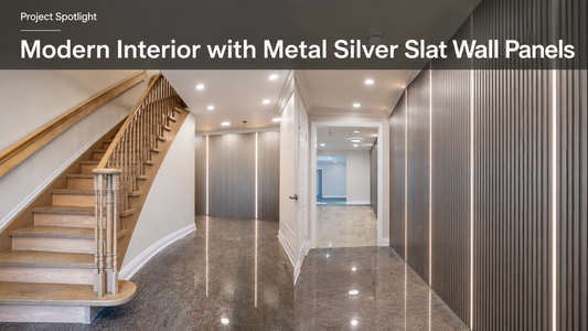 Modern interior featuring RichVaugh Metal Silver slat wall panels with integrated LED lighting