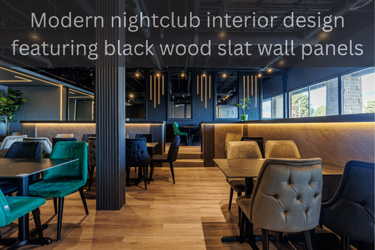 Modern nightclub interior design featuring black wood slat wall panels