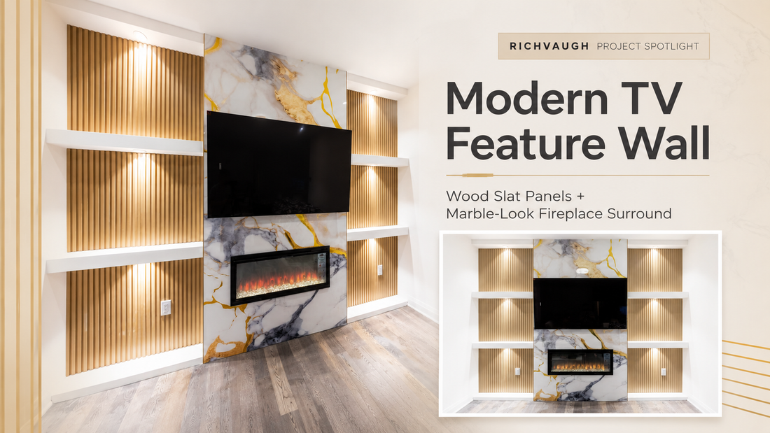 RichVaugh modern TV feature wall with wood slat panels, marble-look fireplace surround, built-in lighting, and electric fireplace
