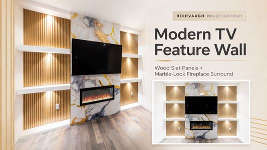 RichVaugh modern TV feature wall with wood slat panels, marble-look fireplace surround, built-in lighting, and electric fireplace