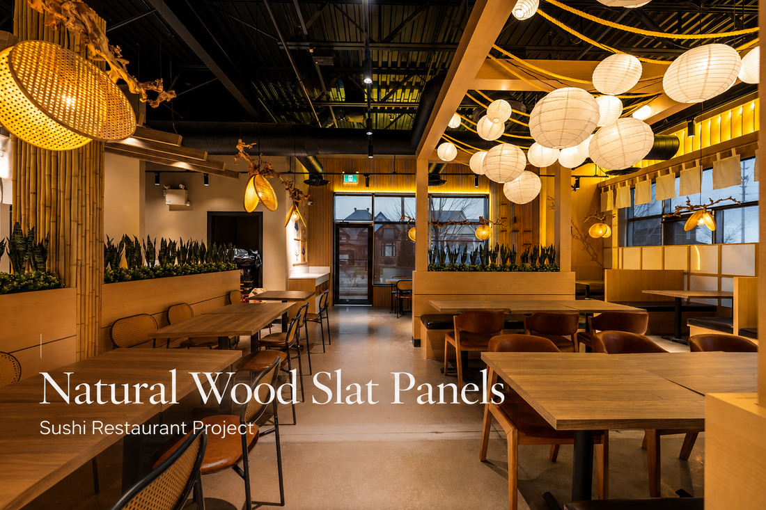 Modern sushi restaurant interior featuring RichVaugh Natural Wood slat wall panels and matching Natural Wood wall panels