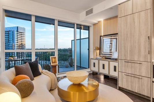 Concord King's Landing furnished model suite with an Ivory slat feature beside the balcony