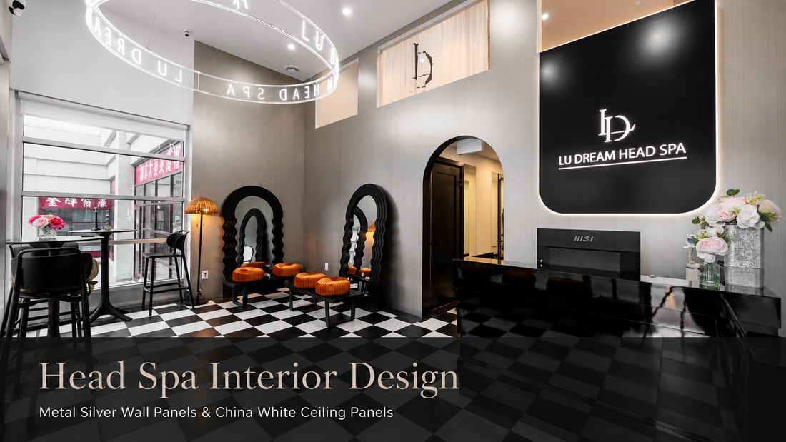 Modern head spa interior with RichVaugh Metal Silver wall panels and China White ceiling panels