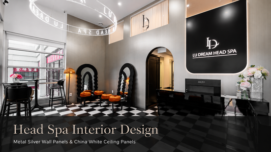 Modern head spa interior with RichVaugh Metal Silver wall panels and China White ceiling panels