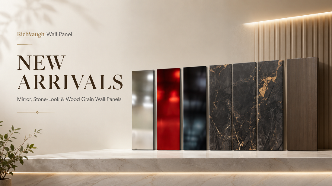 RichVaugh new arrival wall panels featuring red, silver and black mirror panels, three-piece stone-look panels and wood grain panel