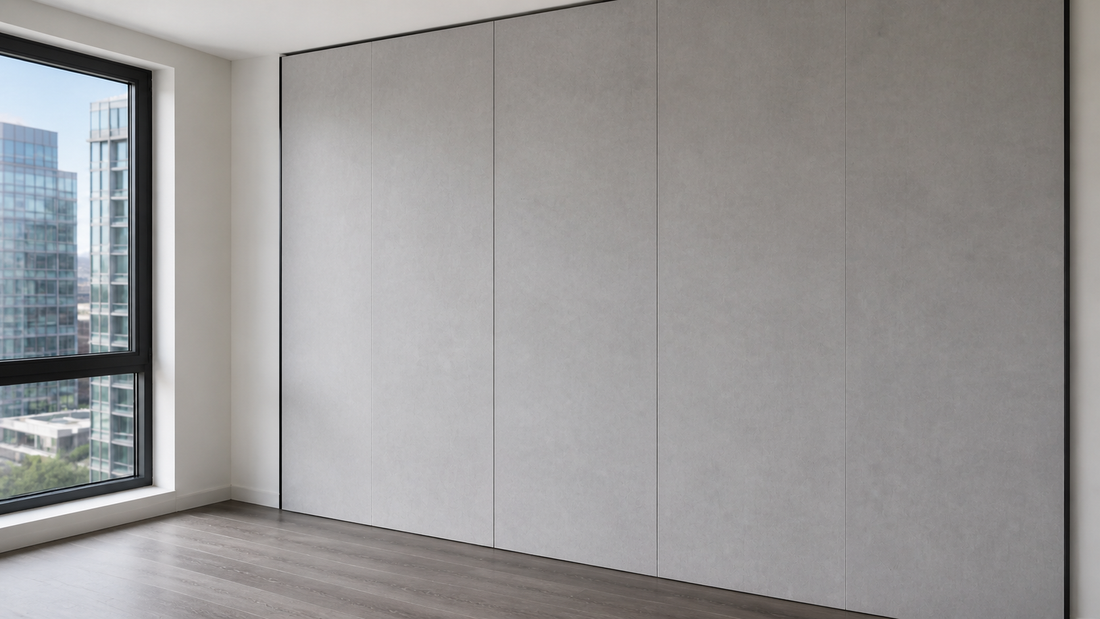 Finished light gray cement-look large wall panel installation