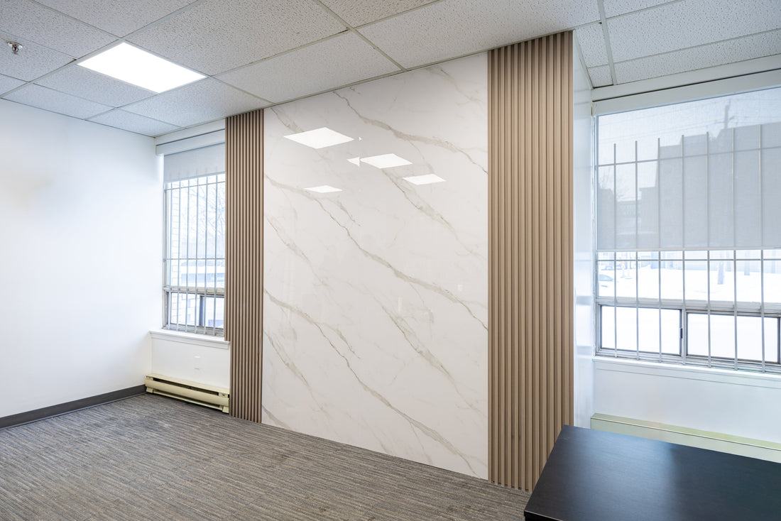 Clinic Reception Wall Panels: Marble-Look Panels and Slat Details for Medical Offices