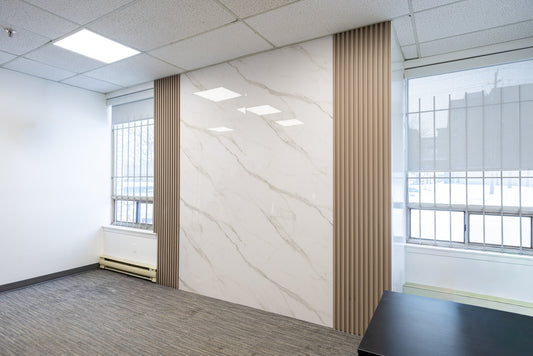 Clinic Reception Wall Panels: Marble-Look Panels and Slat Details for Medical Offices