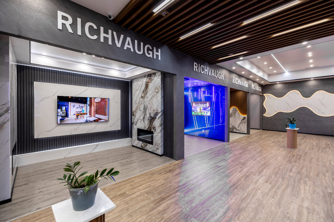 RichVaugh showroom feature wall with black slat wall panels, marble-look large wall panels, and branded display details