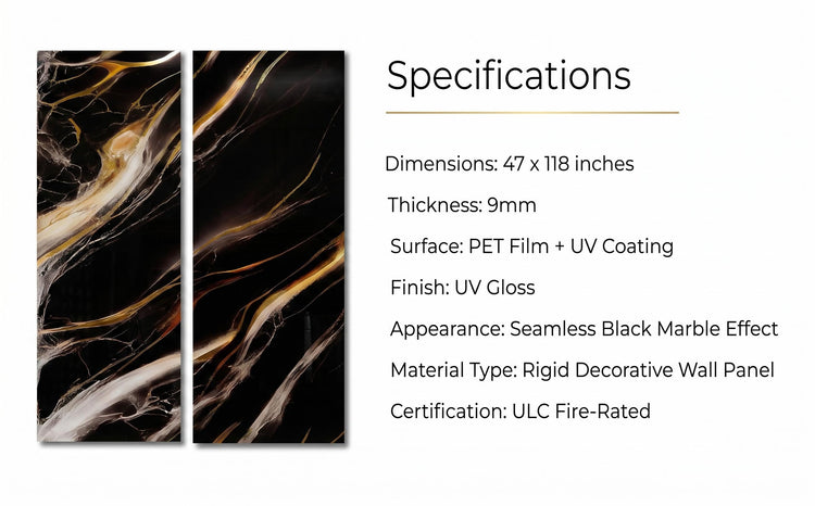 A product specification sheet showing Richvaugh wall panels, on the right lists dimensions, thickness, surface treatment, finish, appearance, material type, and fire rating.