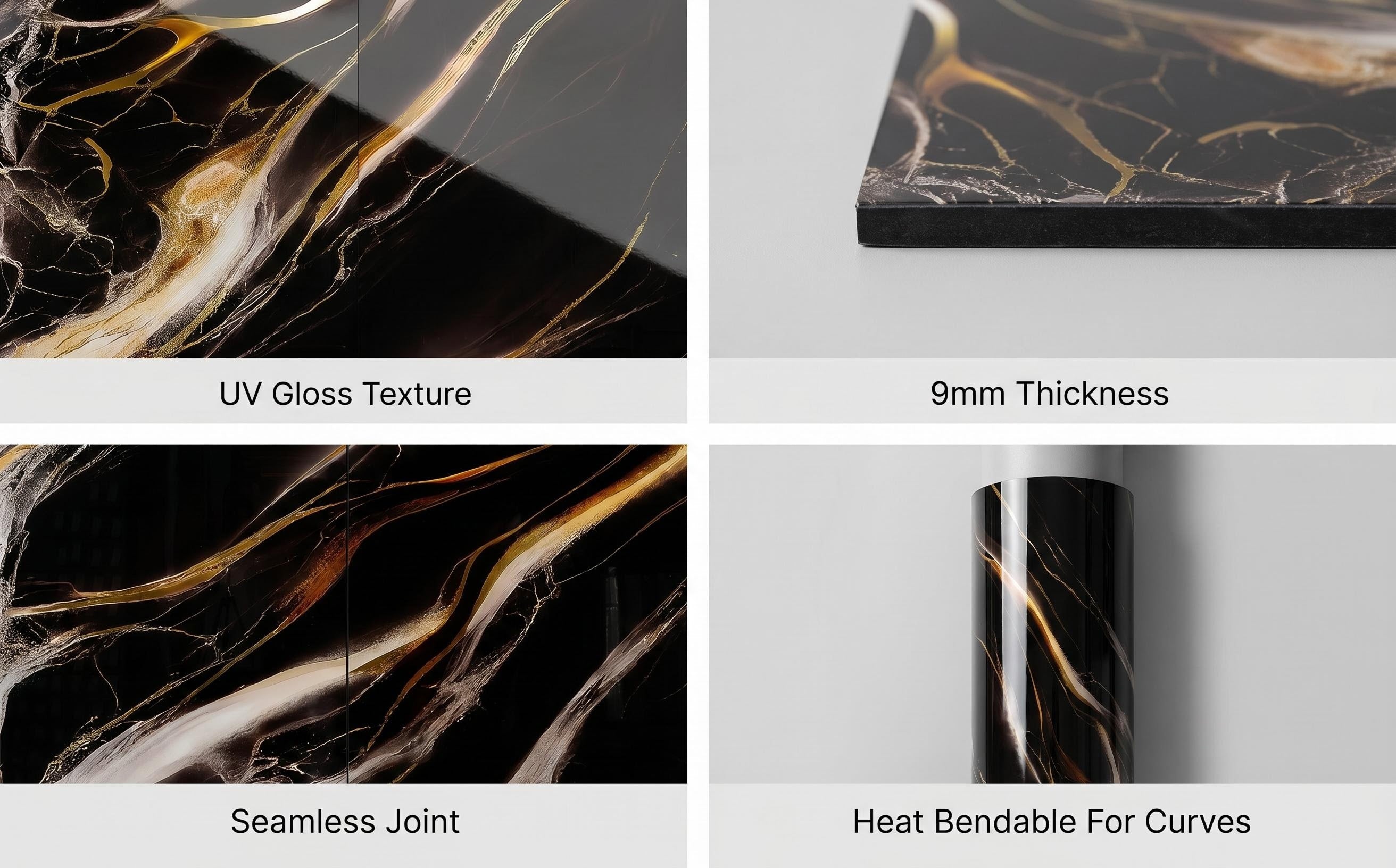 Four-panel product feature graphic showing top feature of richvaugh marble wall panels. Text labels read 'UV Gloss Texture,' '9mm Thickness,' 'Seamless Joint,' and 'Heat Bendable For Curves.