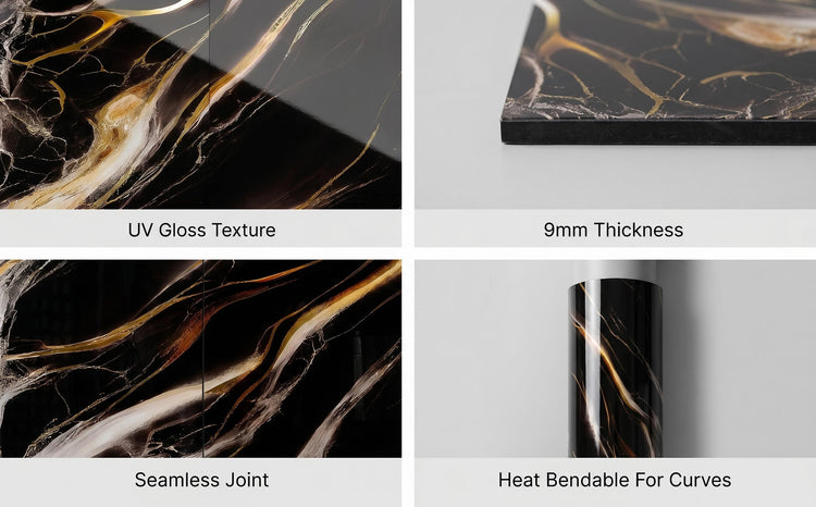 Four-panel product feature graphic showing top feature of richvaugh marble wall panels. Text labels read 'UV Gloss Texture,' '9mm Thickness,' 'Seamless Joint,' and 'Heat Bendable For Curves.