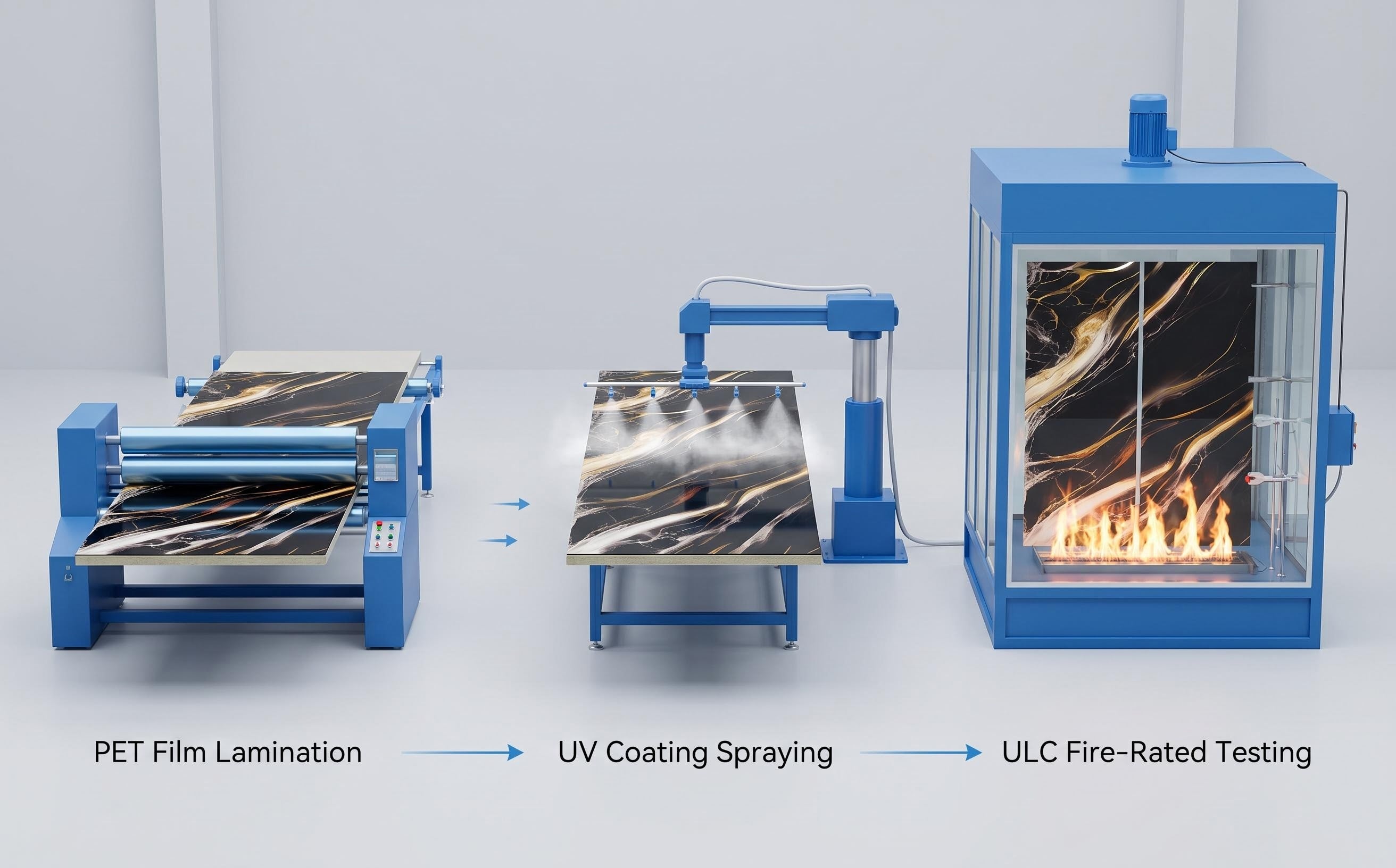 A three-step industrial process diagram showing PET Film Lamination, UV Coating Spraying, and ULC Fire-Rated Testing of our marble wall panels, Each batch of RichVaugh marble wall panels undergoes strict sampling. the quality of our product is always our highest priority