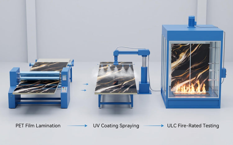 A three-step industrial process diagram showing PET Film Lamination, UV Coating Spraying, and ULC Fire-Rated Testing of our marble wall panels, Each batch of RichVaugh marble wall panels undergoes strict sampling. the quality of our product is always our highest priority