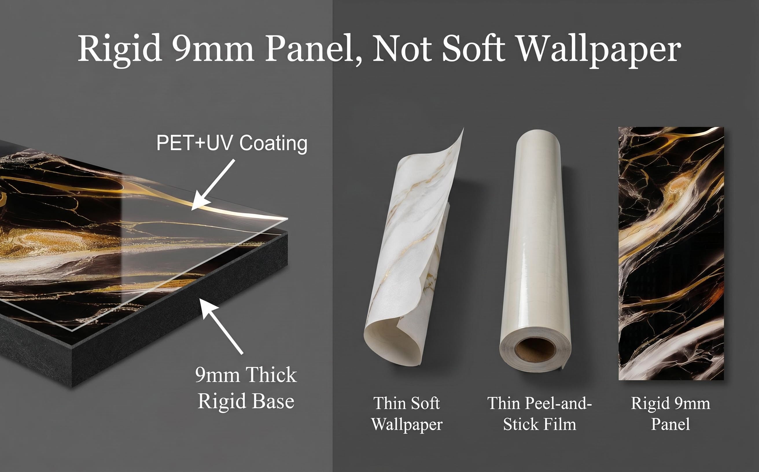 our rigid 9mm wall panel, showing richvaugh wall panel with PET+UV coating, a thick 9mm rigid base, and comparisons to thin soft wallpaper and peel-and-stick film on a dark gray background.
