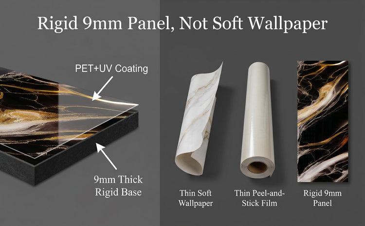 our rigid 9mm wall panel, showing richvaugh wall panel with PET+UV coating, a thick 9mm rigid base, and comparisons to thin soft wallpaper and peel-and-stick film on a dark gray background.