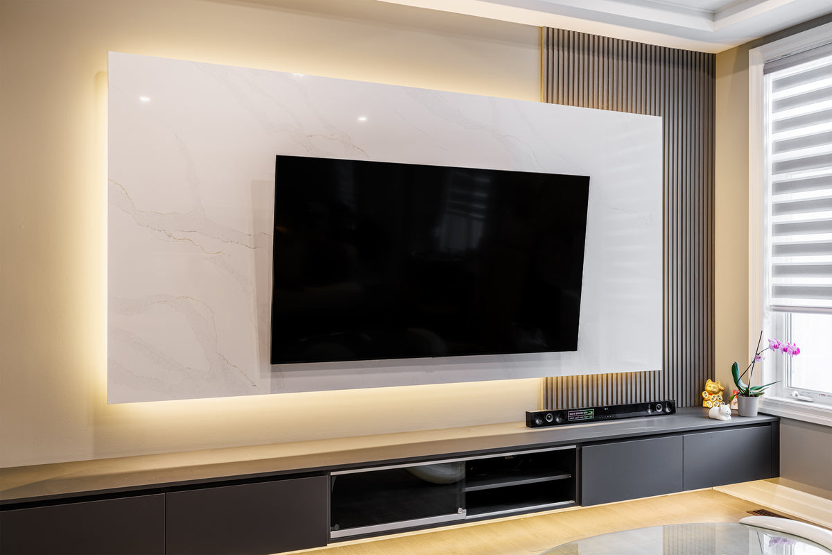 Dark gray slat TV wall with floating console in Markham by RichVaugh