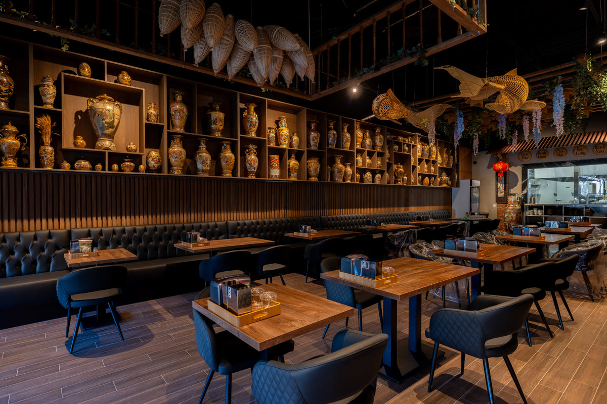 RichVaugh Wood Brown slat flexible slat and Black Marble wall panel installation for a Vietnamese pho restaurant in Markham Ontario