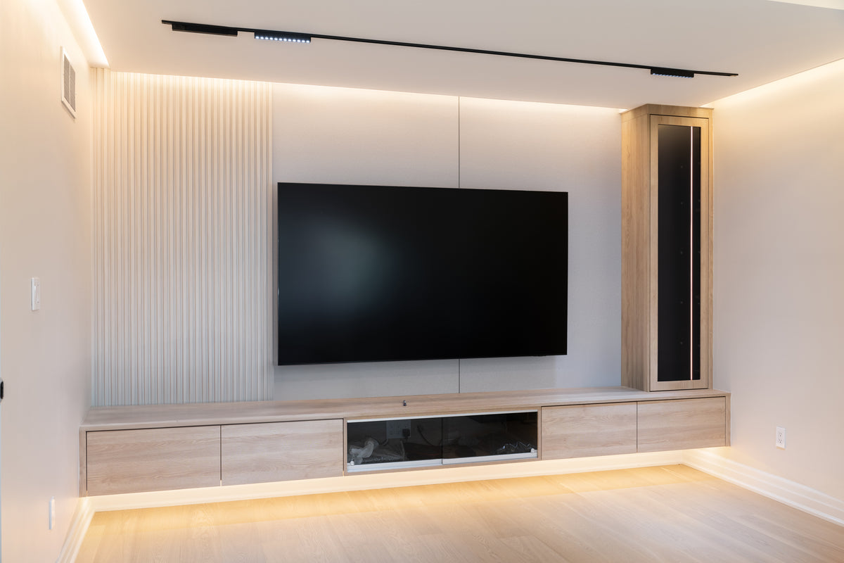 Grasscloth and ivory slat TV wall with display niche in Markham by RichVaugh