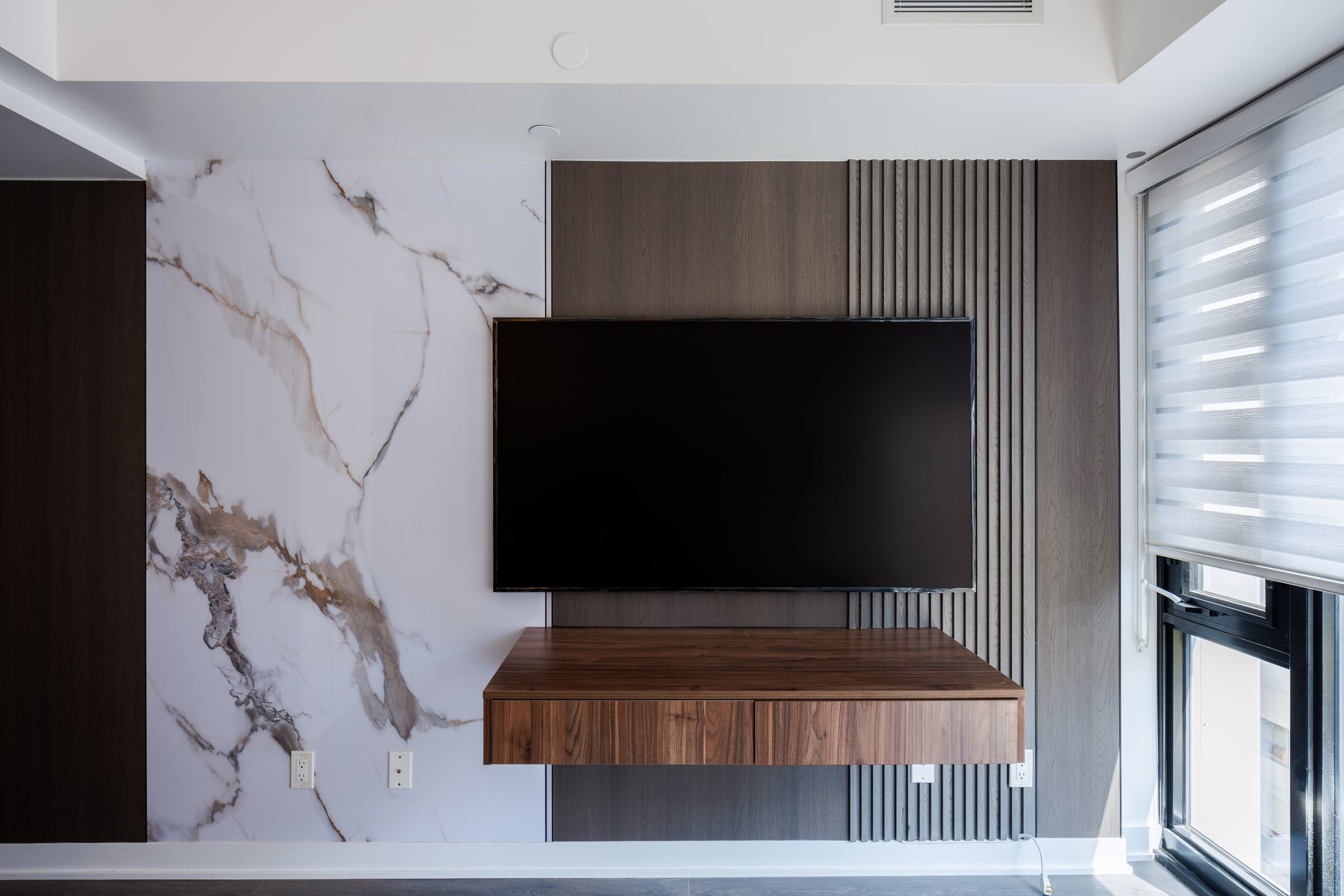 Bulgari Marble, Taupe Grey & Slat TV Wall in Downtown Toronto - Downtown Toronto, Ontario - RichVaugh Wall Panel