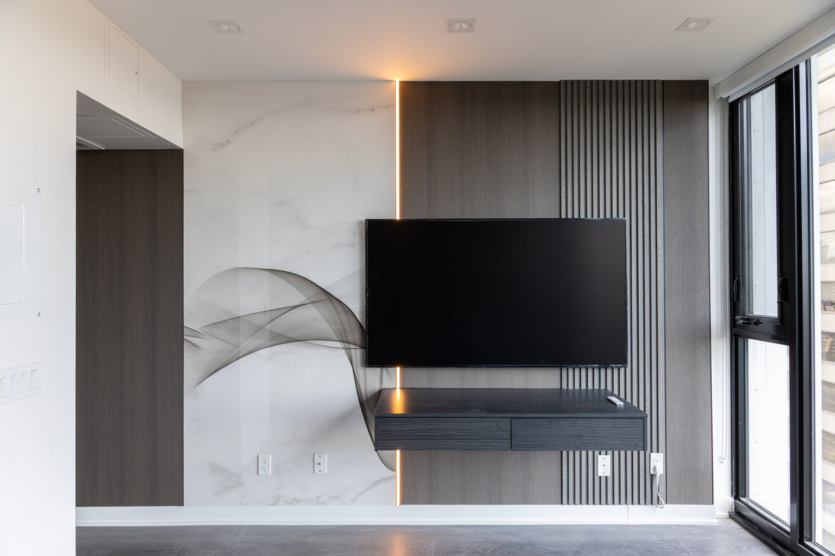 Marble taupe grey and smoke gray TV wall in Downtown Toronto by RichVaugh