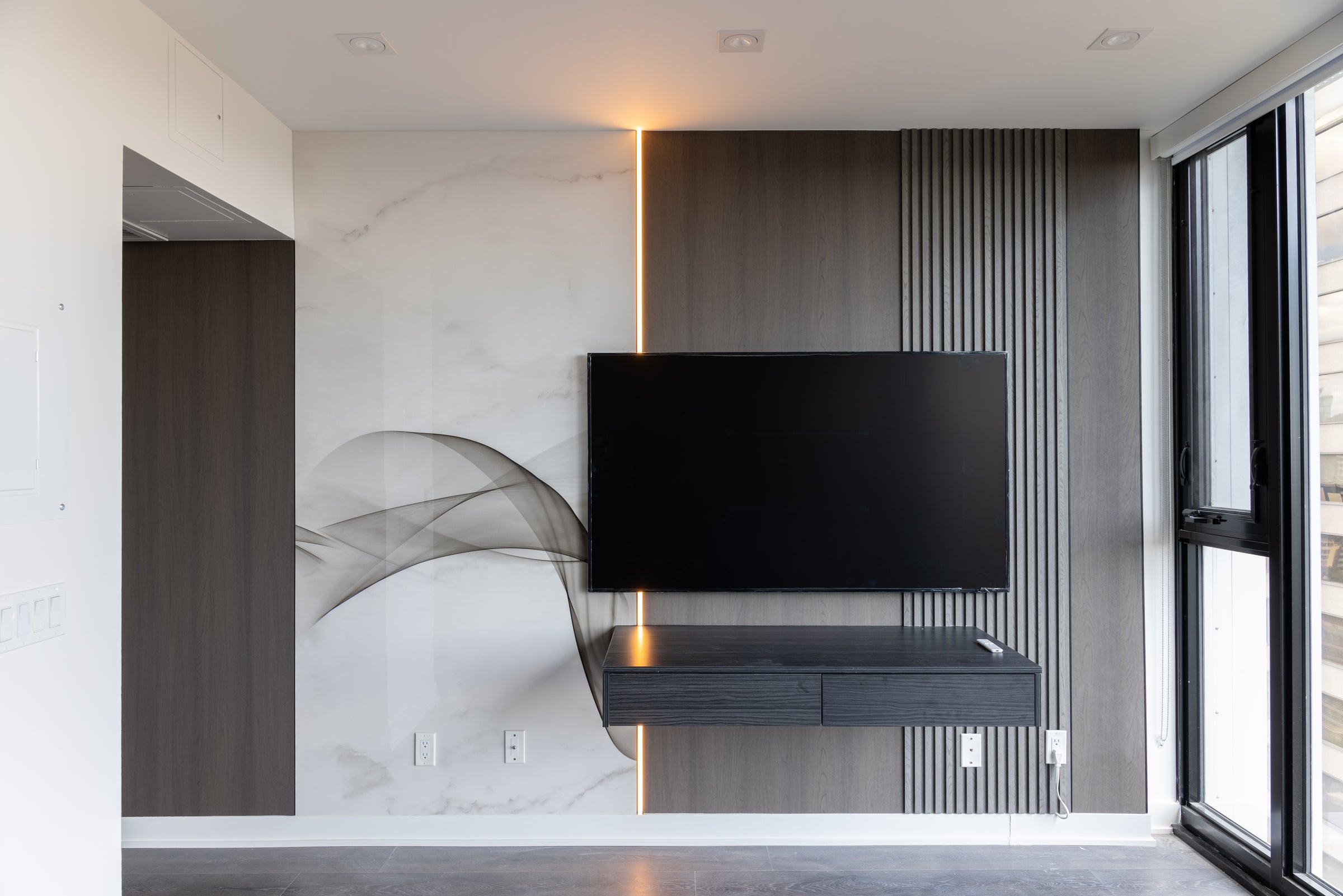 Marble, Taupe Grey & Smoke Gray TV Wall in Downtown Toronto - Downtown Toronto, Ontario - RichVaugh Wall Panel