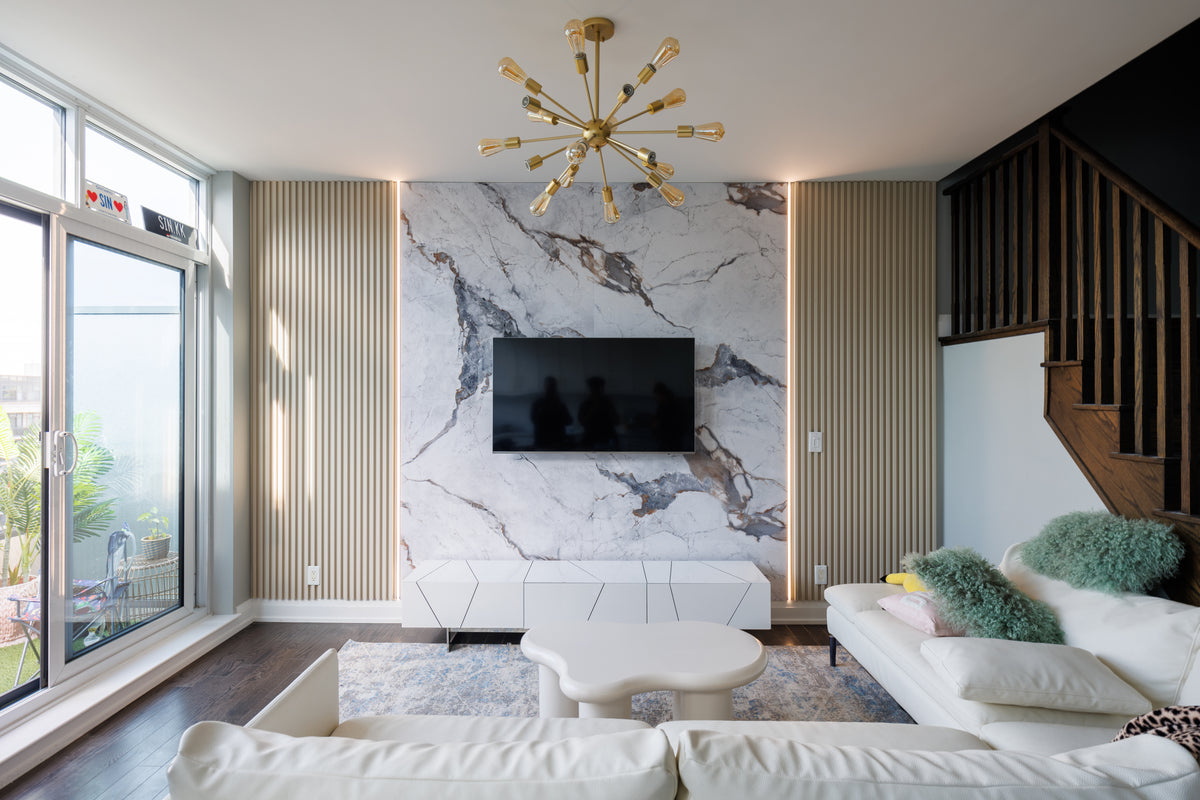 Marble and milk white slat TV wall installation in Richmond Hill by RichVaugh