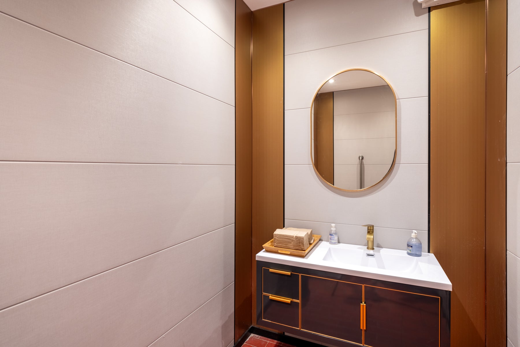 Wood Brown large wall panel accents installed in a Port Perry restaurant washroom by RichVaugh