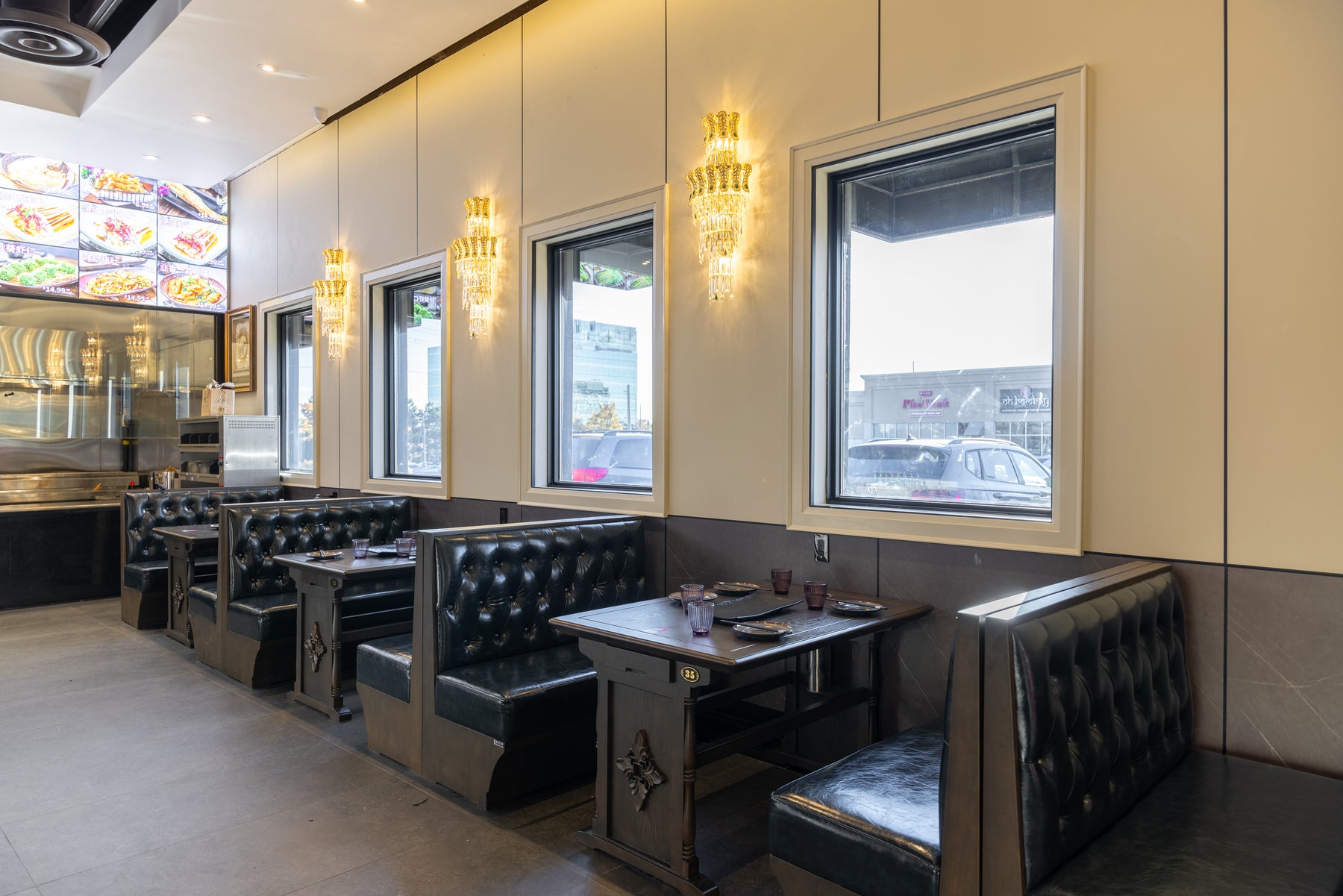 Milk White and Stone Gray large wall panels around restaurant seating and windows in Richmond Hill