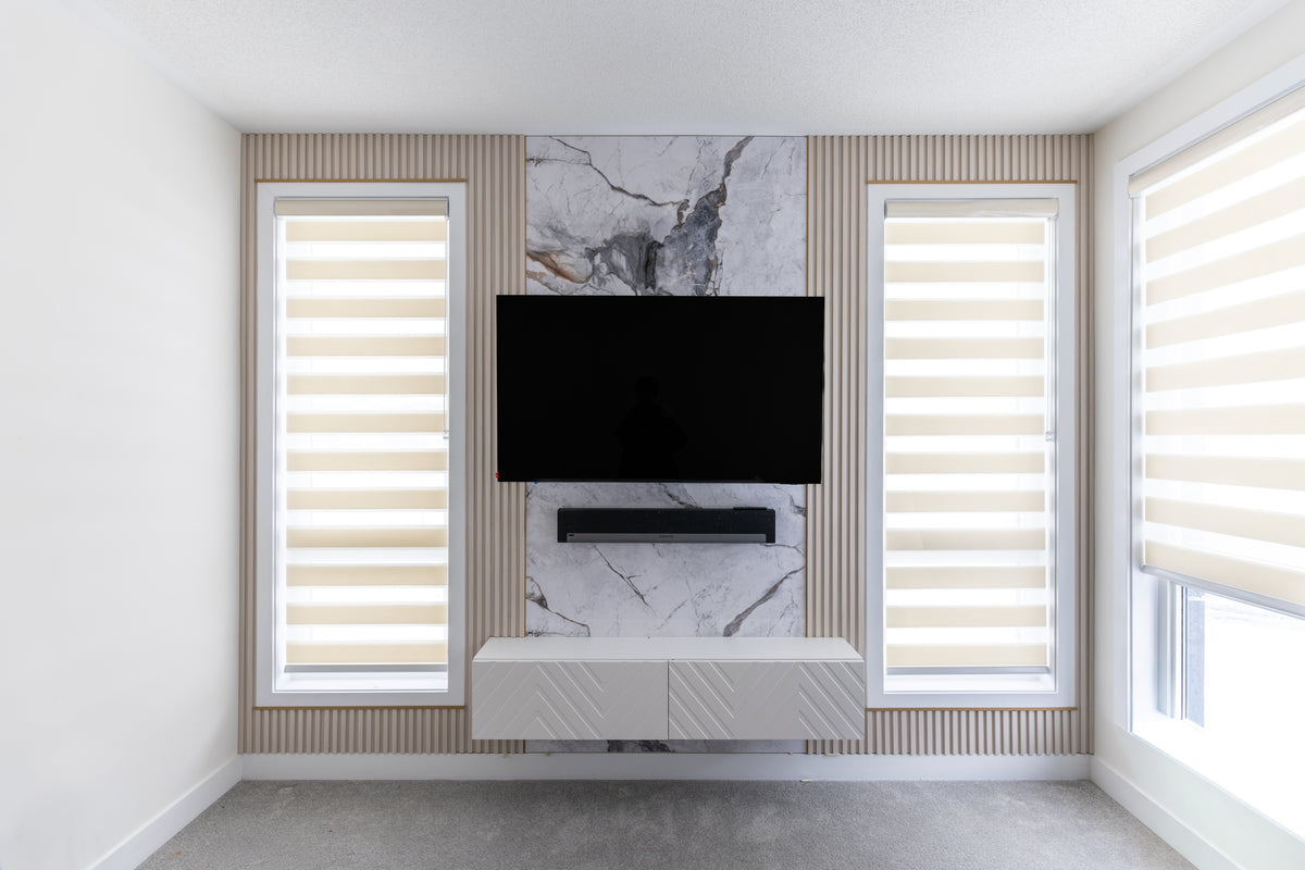 Ivory slat and marble look TV wall installation in Oshawa by RichVaugh