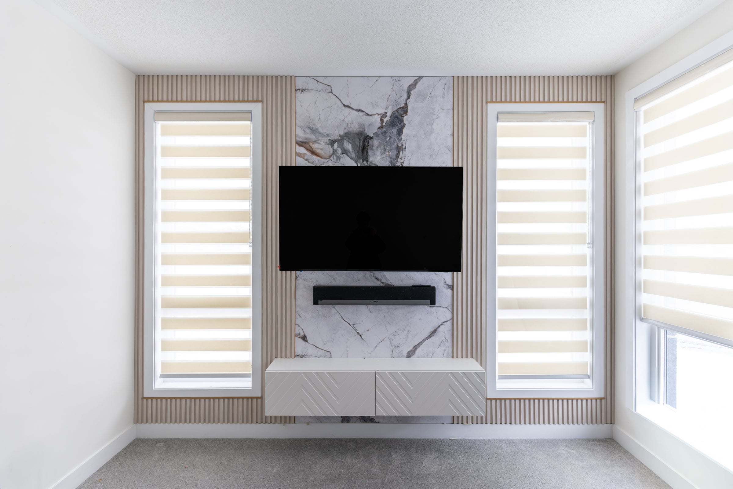 Ivory Slat TV Wall with Marble-Look Centre Panel in Oshawa - Oshawa, Ontario - RichVaugh Wall Panel