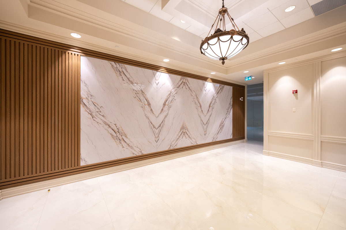 RichVaugh oak slat and marble wall panel installation across a three-storey wedding hall in Vaughan Ontario