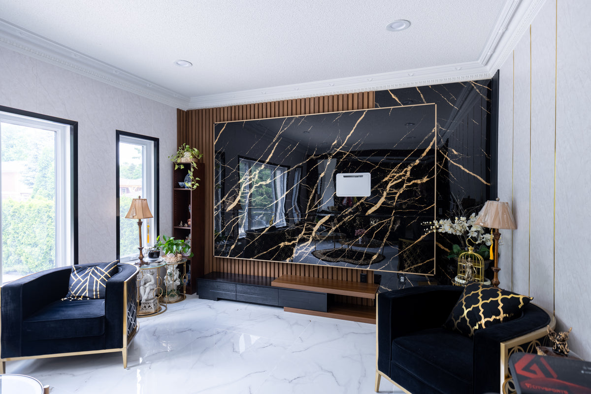 Black gold marble and wood slat TV wall in Richmond Hill by RichVaugh