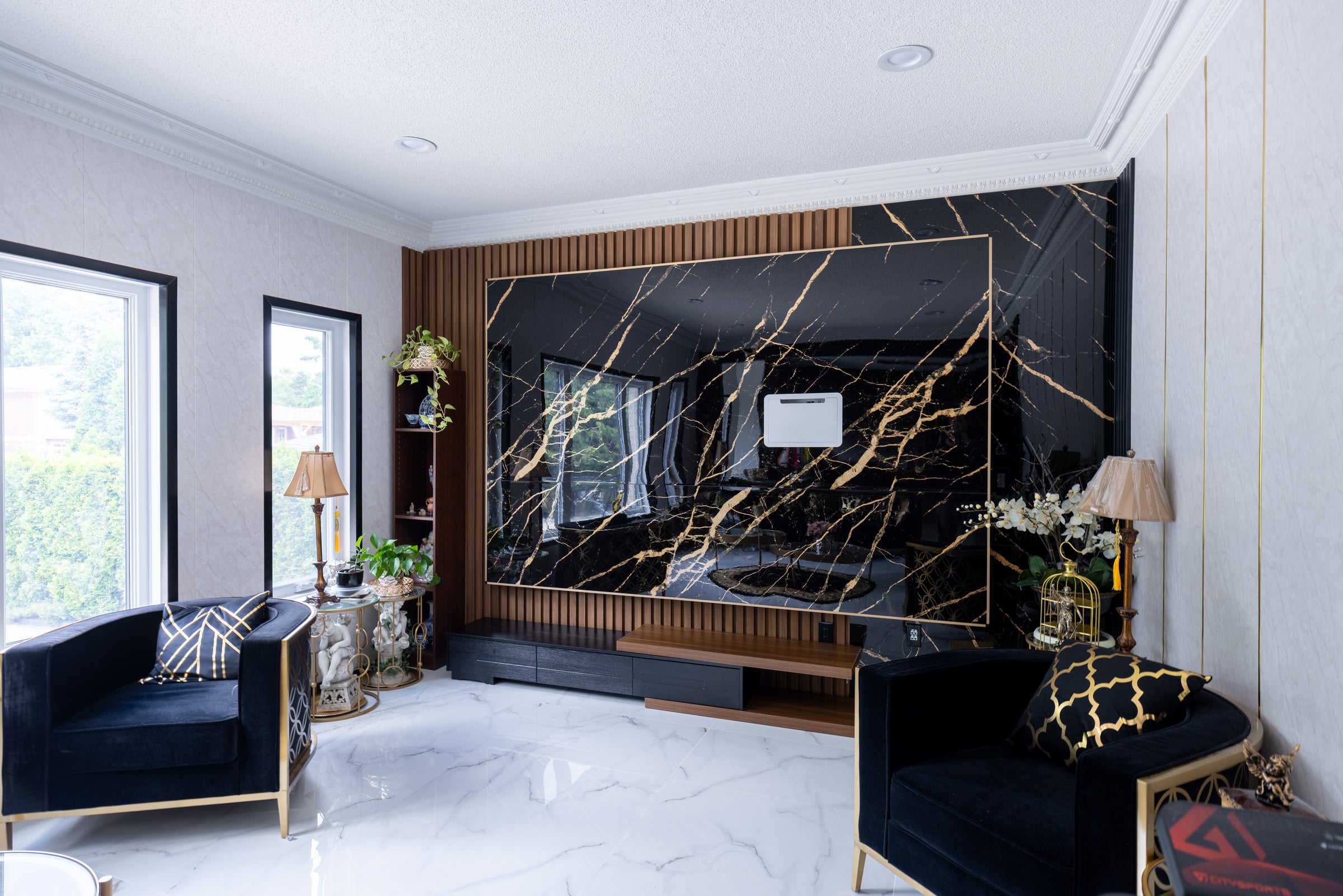 Black & Gold Marble TV Wall with Wood Slats in Richmond Hill - Richmond Hill, Ontario - RichVaugh Wall Panel