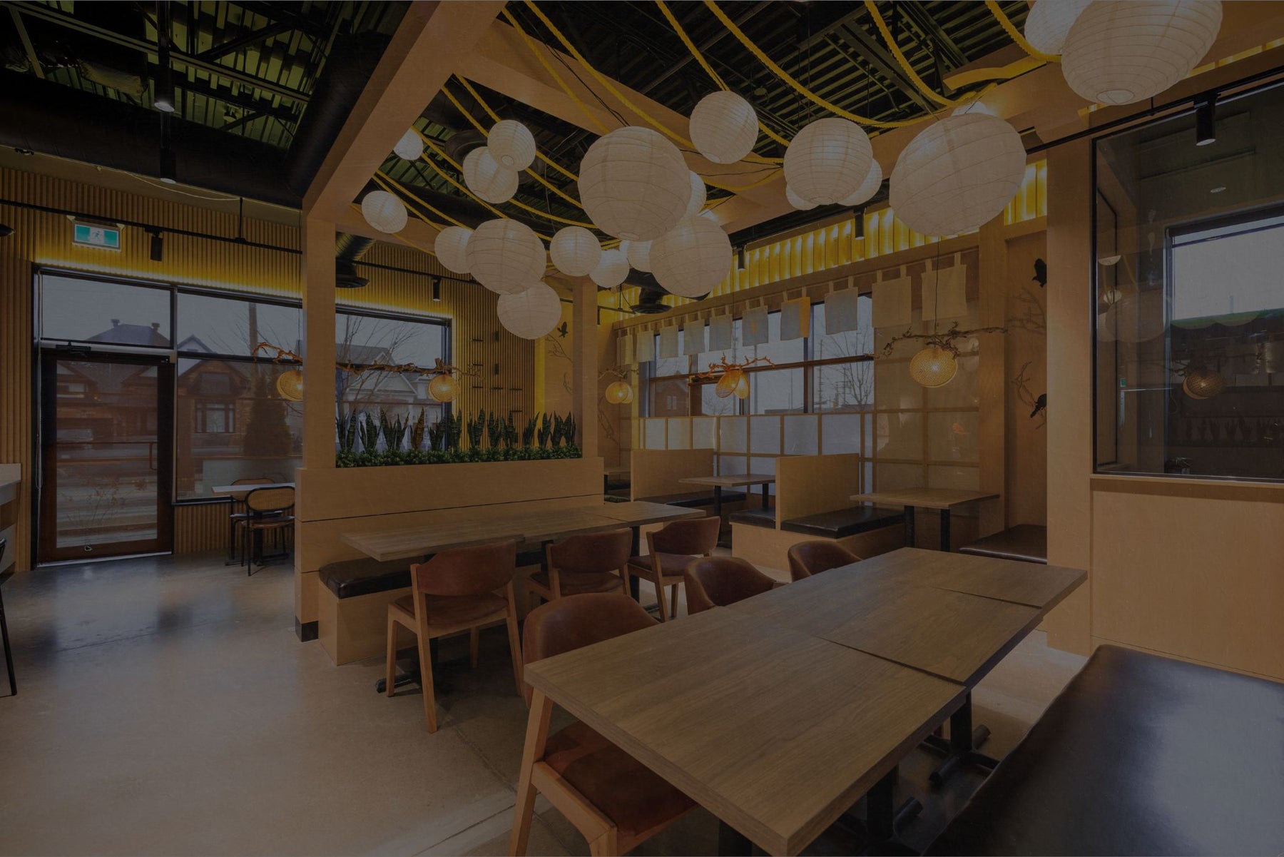 Natural Wood slat wall panels throughout a Japanese sushi restaurant dining room in Barrie by RichVaugh
