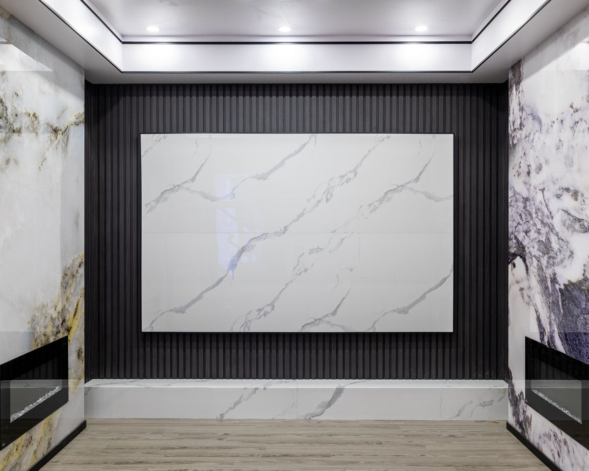 Wood Black slat and Marble Wall Panel 7 showroom TV feature wall by RichVaugh in Markham Ontario