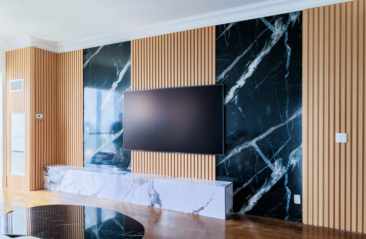 Natural Wood 190 slat panels and Black Marble wall panel TV feature wall in Toronto Ontario by RichVaugh